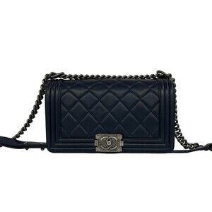 CHANEL Boy Chanel Coco Mark Leather Chain Shoulder Bag Navy Blue 40823